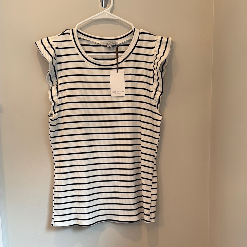 Green Envelope Striped Flutter Cap Sleeve Top